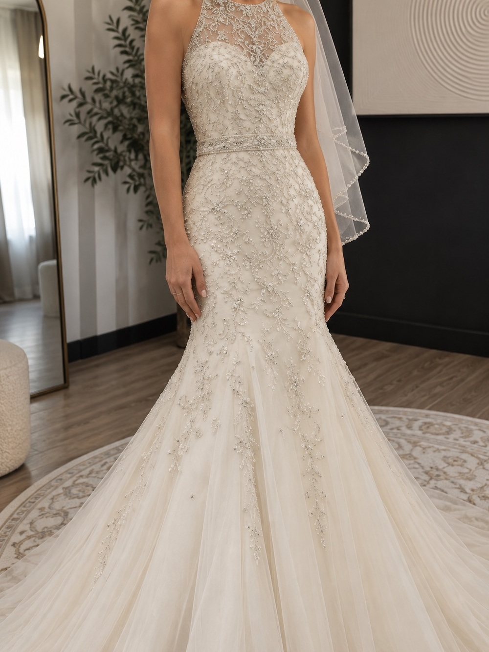 AF Couture Mori Lee Ivory Champagne Beaded Wedding Gown + Veil